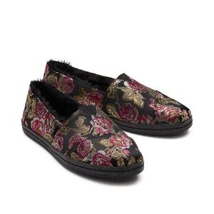 Toms Black Floral Loafers with Faux Fur; NWT; Never worn; Size 8.5